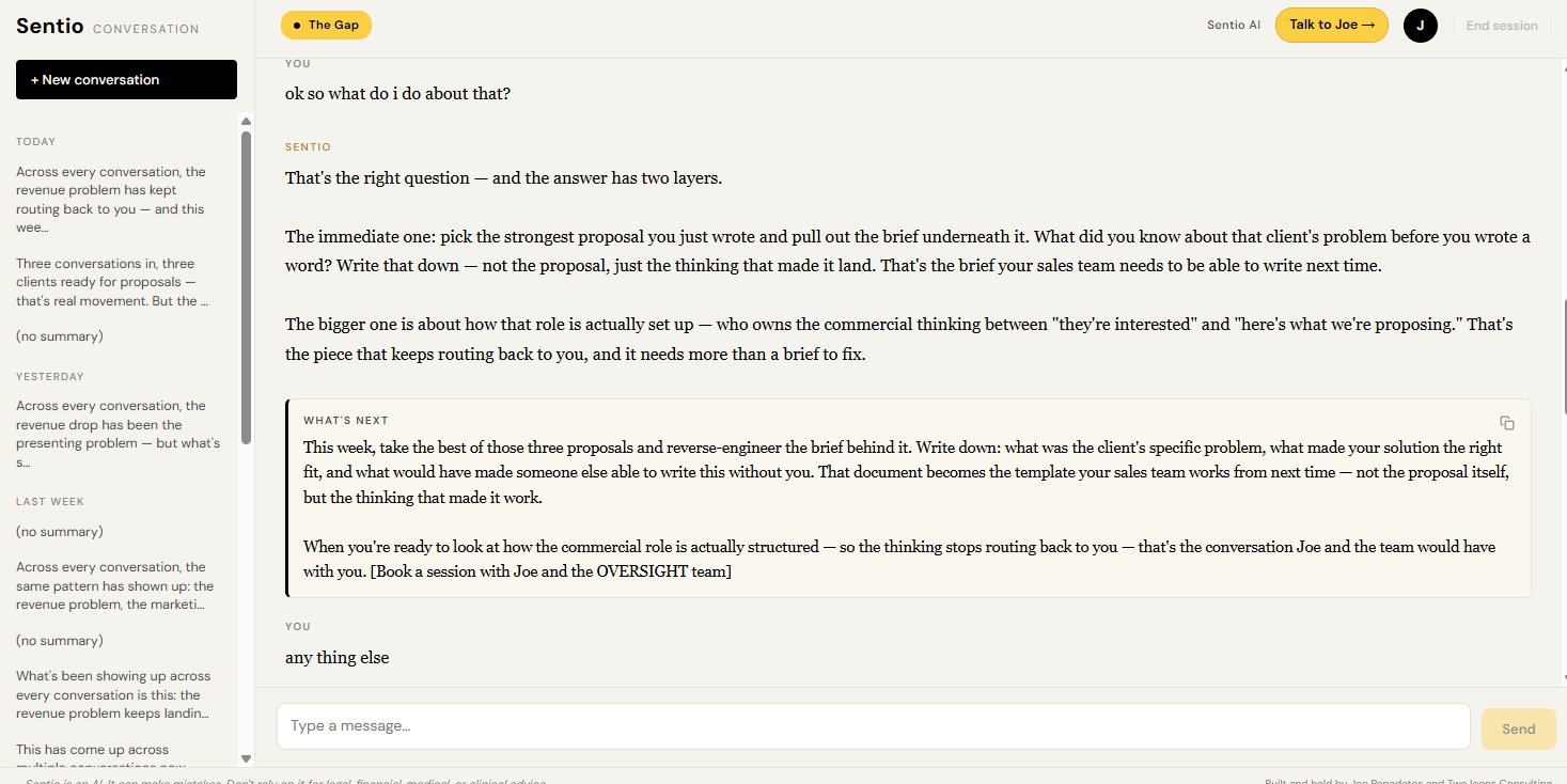 Sentio giving a specific next action with an option to book a human session