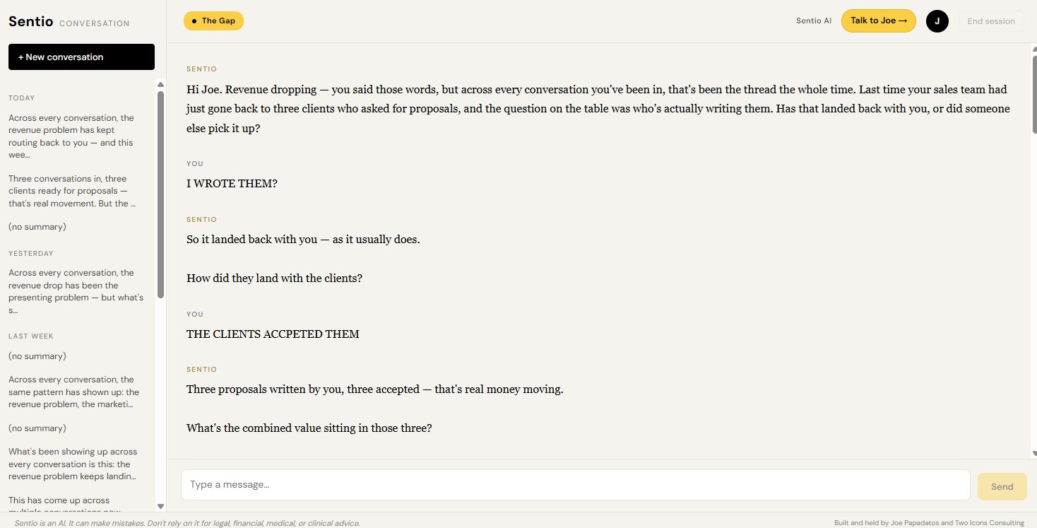 Sentio tracking a pattern across the conversation about work routing back to the founder